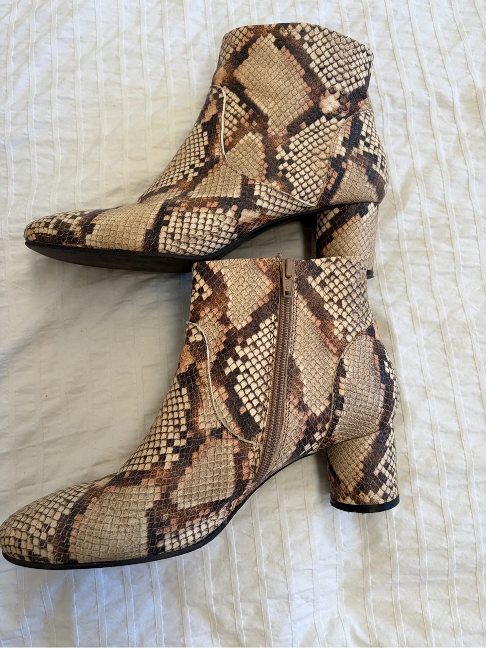 Snake-Print Ankle Booties in Tan and Brown